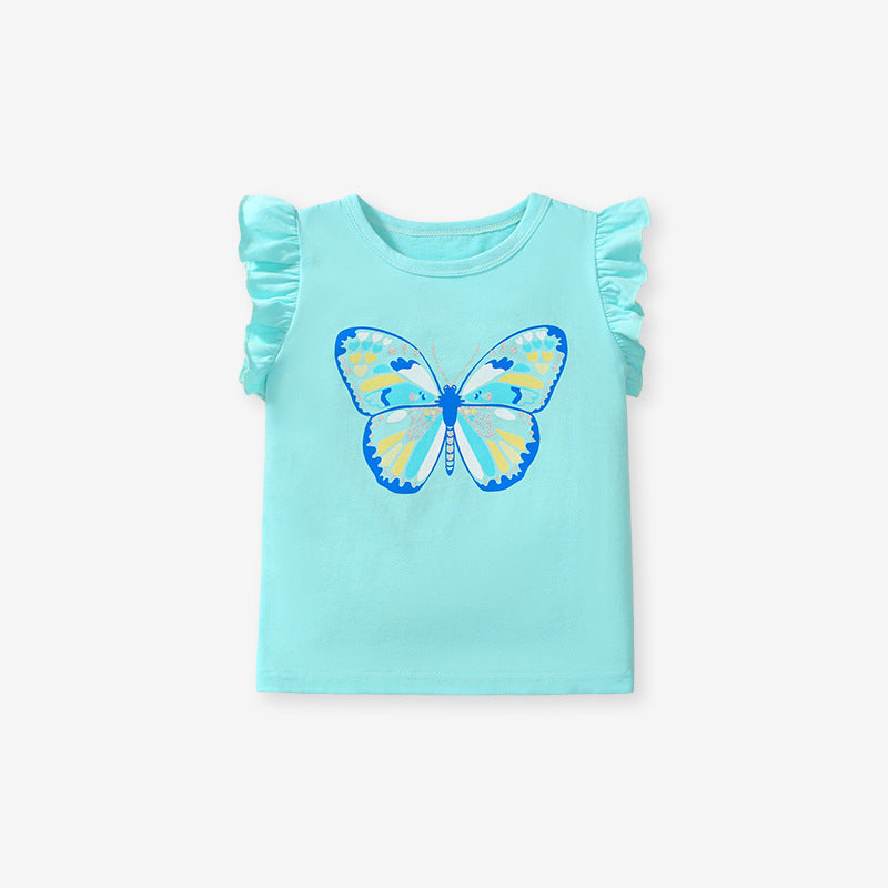 Short-sleeved cotton t-shirt for girls with cartoon butterfly