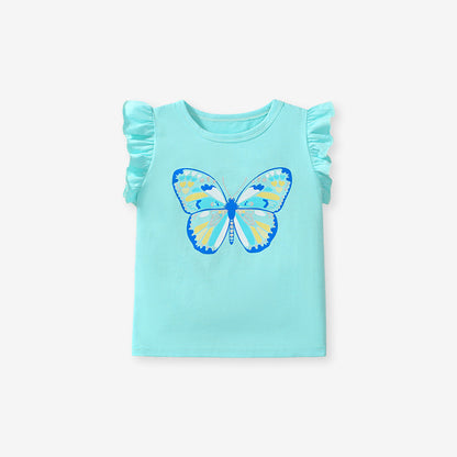 Short-sleeved cotton t-shirt for girls with cartoon butterfly