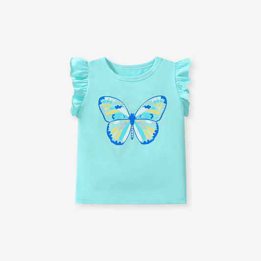 Short-sleeved cotton t-shirt for girls with cartoon butterfly