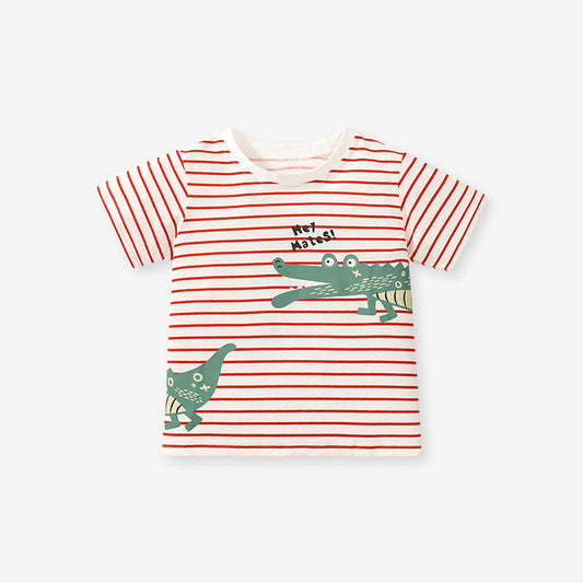 Cartoon crocodile cotton girl's striped short-sleeved T-shirt, crew neck