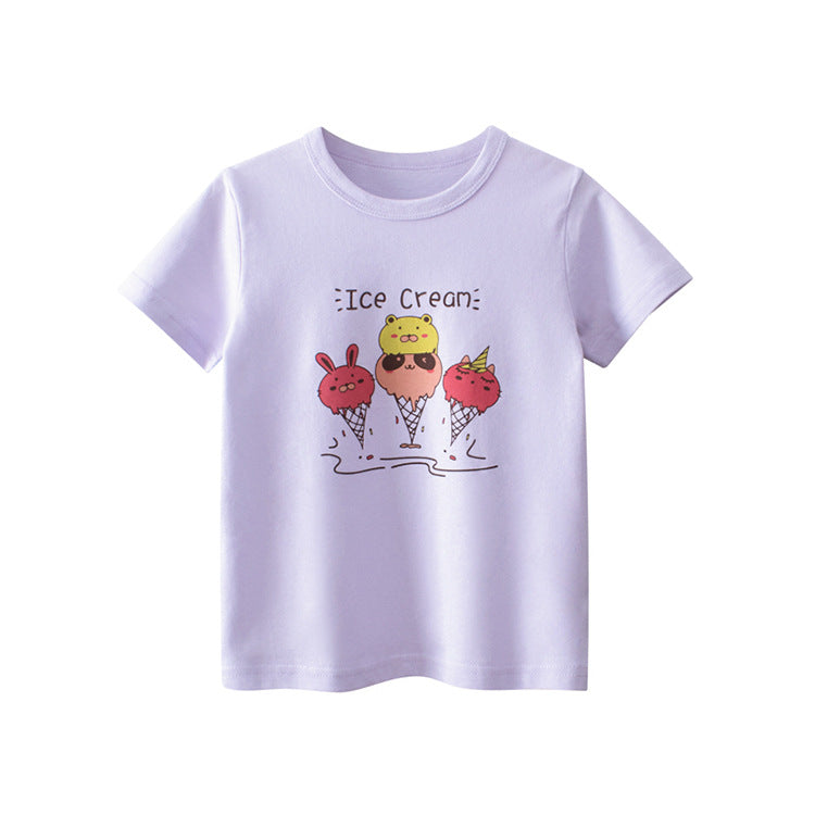 Purple ice cream printed round neck short-sleeved T-shirt