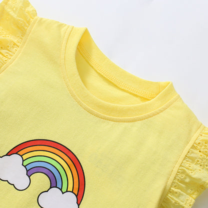 Girls Rainbow Short Sleeve Flying Sleeve T-Shirt