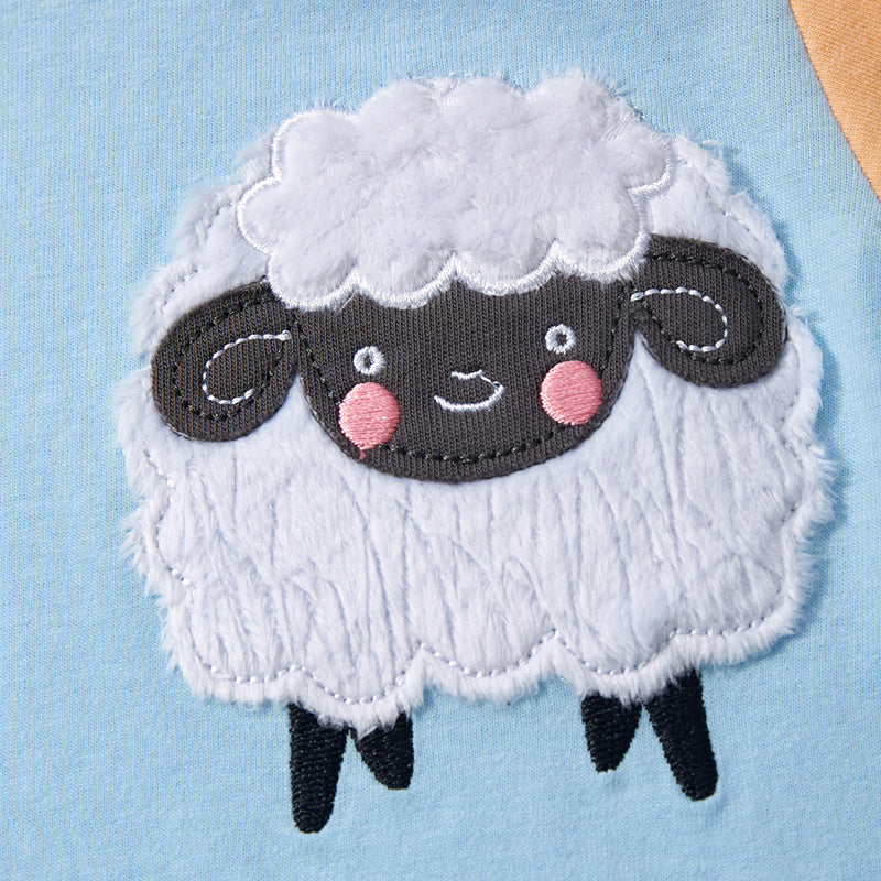 Short-sleeved T-shirt with color block round neck and cartoon sheep