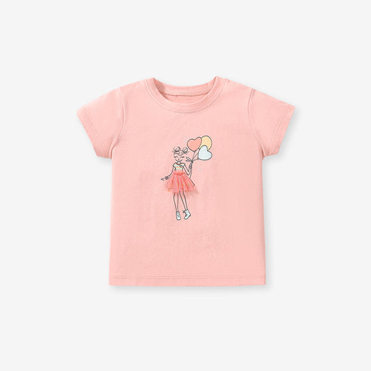 T-shirt da bambina a maniche corte con collo rotondo e stampa floreale in rete di cotone da bambina