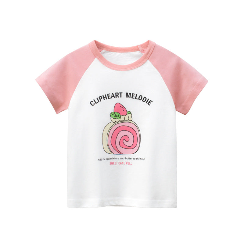 Round neck matching short sleeve T-shirt with cake flowers