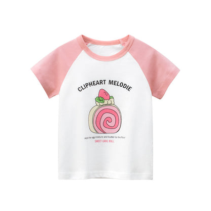 Round neck matching short sleeve T-shirt with cake flowers