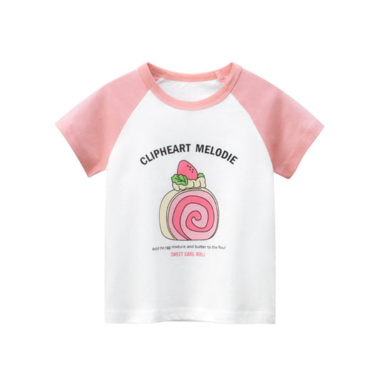 Round neck matching short sleeve T-shirt with cake flowers