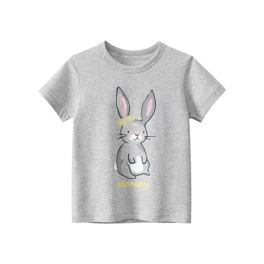 T-shirt a maniche corte girocollo con coniglio grigio cartone animato