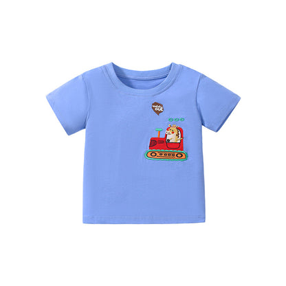 Boys Solid Color Cartoon Crew Neck Short Sleeve T-shirt