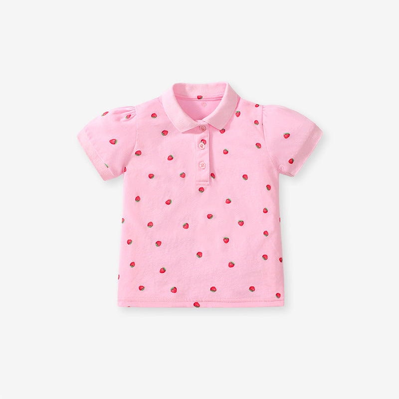 Short-sleeved cotton polo shirt for girls with strawberry-colored polka dots