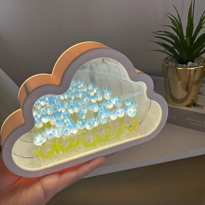 Mirror night light with 20 tulips cloud sea of flowers