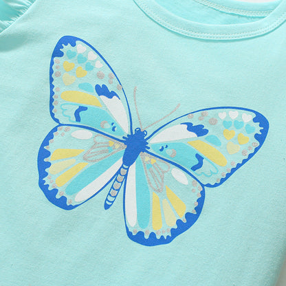 Short-sleeved cotton t-shirt for girls with cartoon butterfly