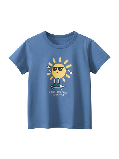 T-shirt blu a maniche corte da bambino con stampa sole