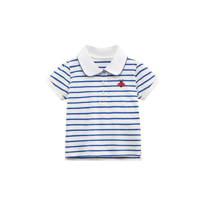 Girls short-sleeved striped t-shirt with lace collar