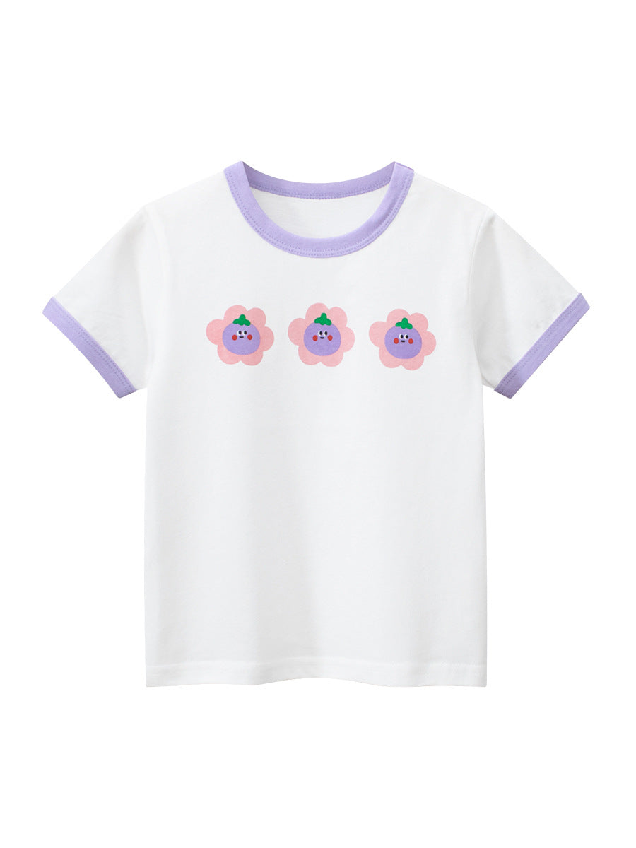 Color-matched short-sleeved T-shirt with floral crew neck