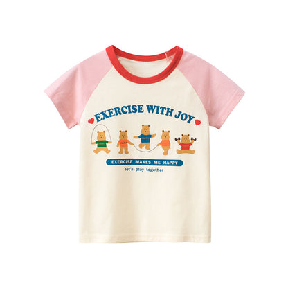 Cartoon Bear Letter Cotton Round Neck Short Sleeve T-shirt