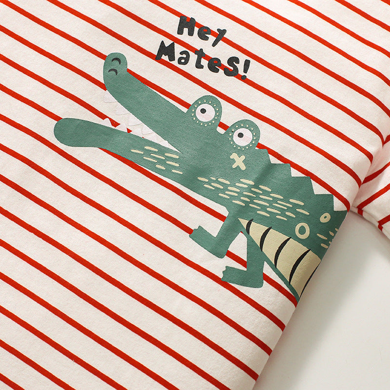 Cartoon crocodile cotton girl's striped short-sleeved T-shirt, crew neck