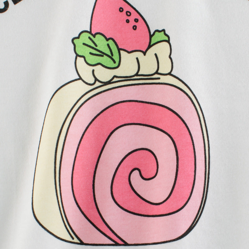 Round neck matching short sleeve T-shirt with cake flowers