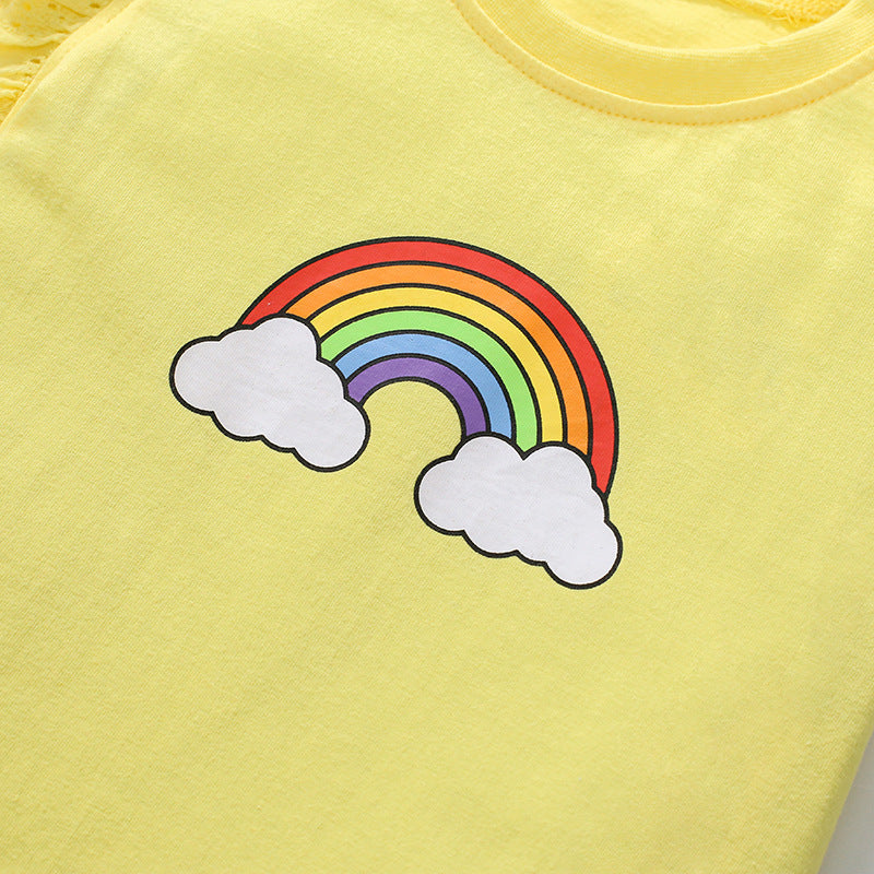 Girls Rainbow Short Sleeve Flying Sleeve T-Shirt