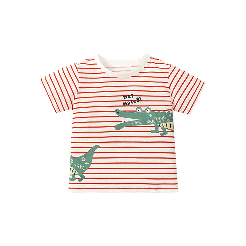 Cartoon crocodile cotton girl's striped short-sleeved T-shirt, crew neck