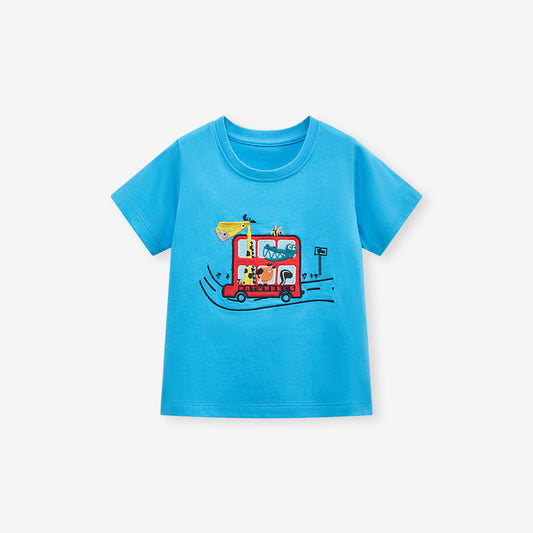 T-shirt a maniche corte da ragazzo girocollo blu Cartoon