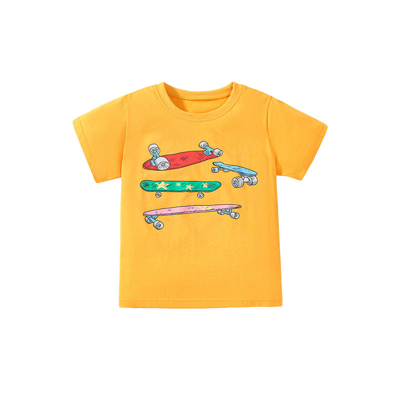 Short-sleeved boy's T-shirt with skateboard print in cotton