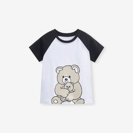 Girls Round Neck Cotton Short Sleeve T-shirt with Cartoon Bear