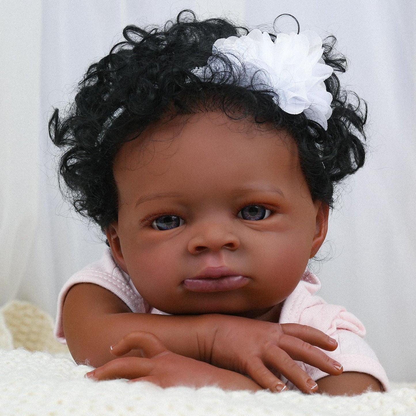 20 Inches Open Eyes Dark Skin Curly Hair Reborn Doll in Pink Clothes-Lanny