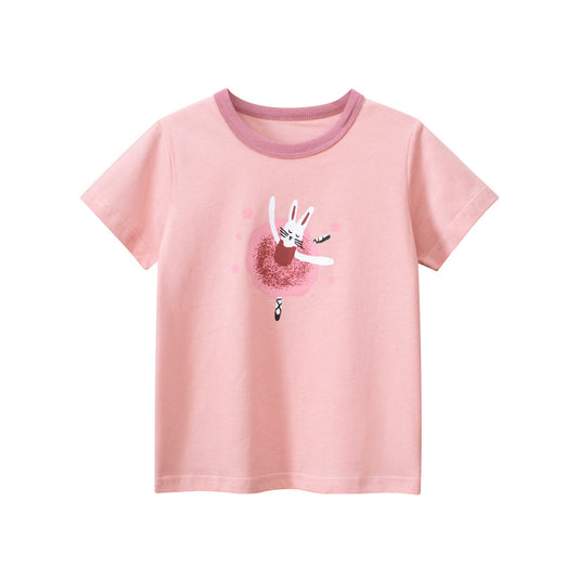 Pink Cartoon Rabbit Round Collar Short Sleeve T-shirt