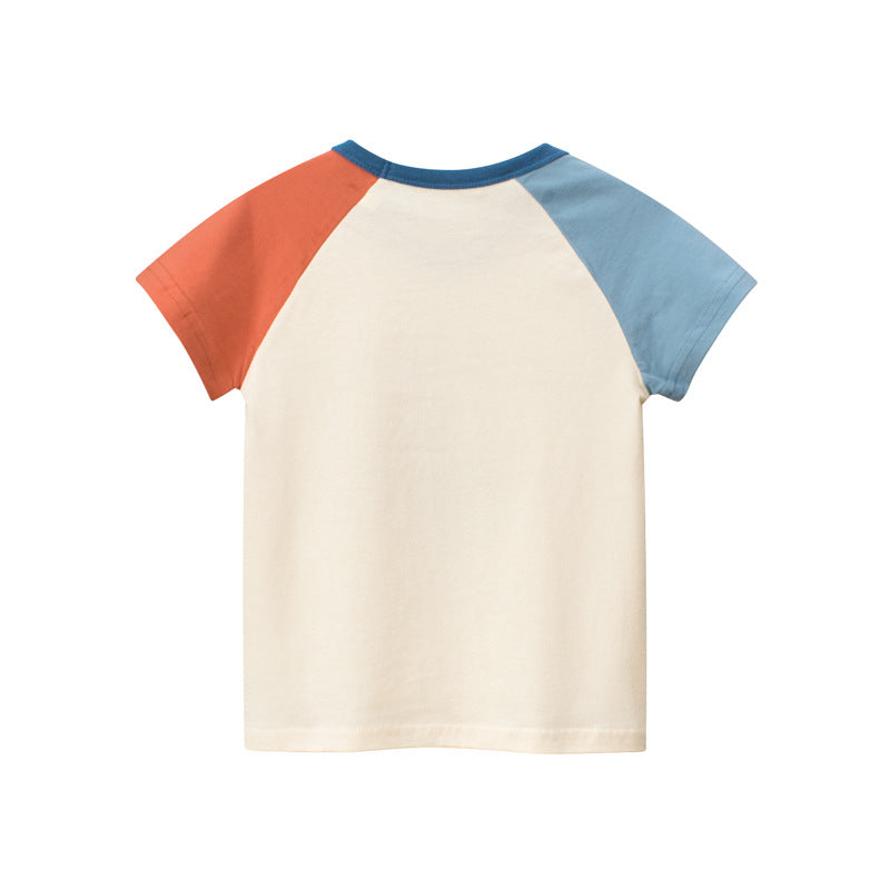 Space Letter Color Block Round Neck Short Sleeve T-Shirt