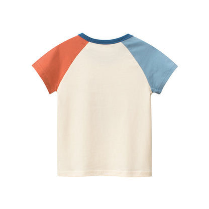 Space Letter Color Block Round Neck Short Sleeve T-Shirt