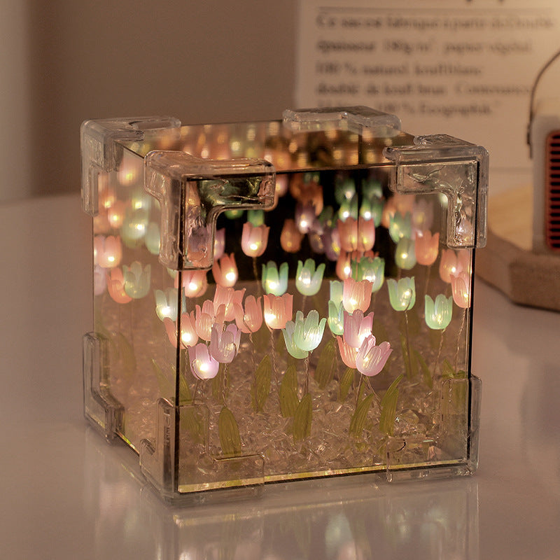 Creative 3D mirror night light with Rubik's cube and 20 tulips