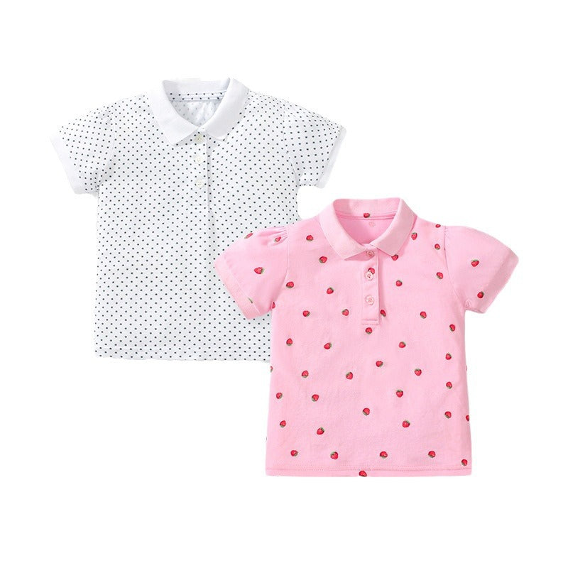 Short-sleeved cotton polo shirt for girls with strawberry-colored polka dots