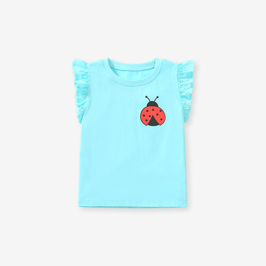 Cartoon Insect Cotton Round Neck Short Sleeve Girls T-shirt