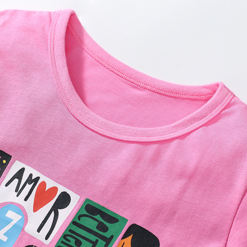 Short-sleeved girls' T-shirt in cotton printed with cartoons