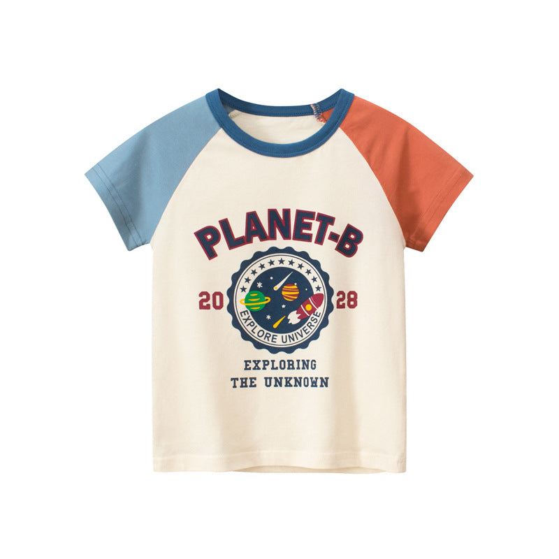 Space Letter Color Block Round Neck Short Sleeve T-Shirt