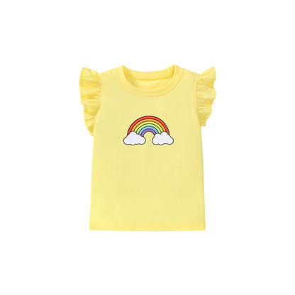 Girls Rainbow Short Sleeve Flying Sleeve T-Shirt