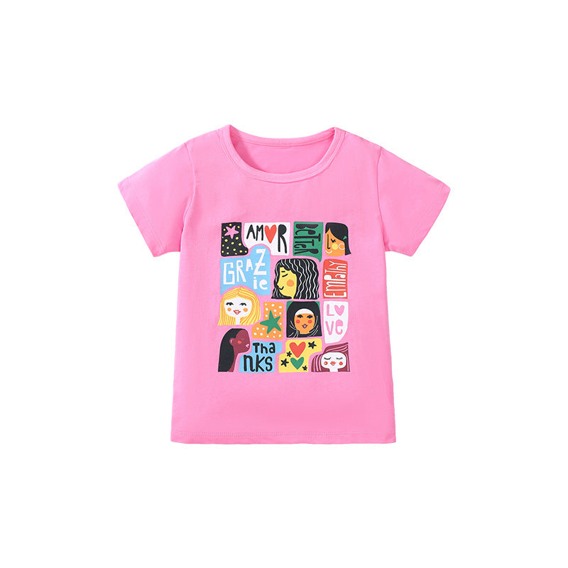 Short-sleeved girls' T-shirt in cotton printed with cartoons