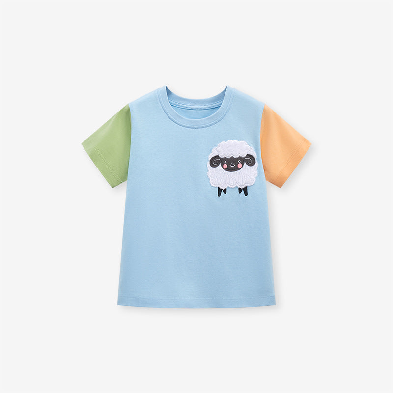 Short-sleeved T-shirt with color block round neck and cartoon sheep