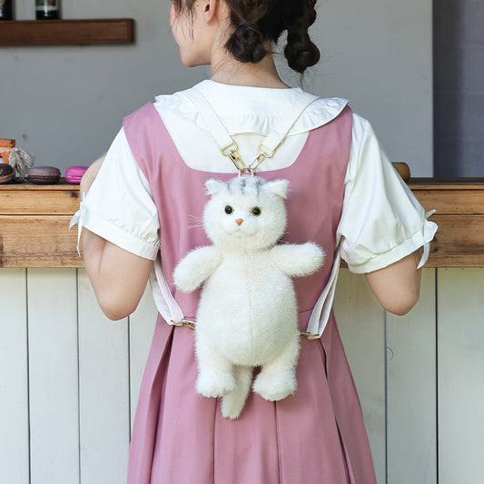 Adorabile zaino di peluche fatto a mano realistico a forma di gatto British Shorthair bianco