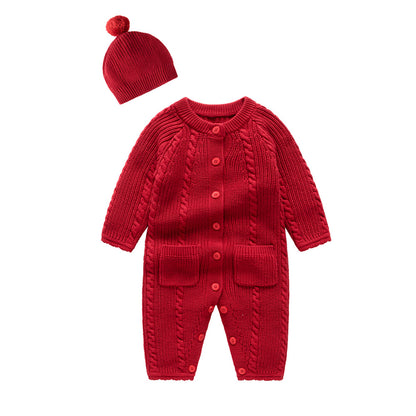 Autumn and winter warm wine red knitted jumpsuit