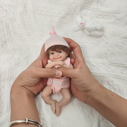 15cm Open Eyes Mini Full Silicone Reborn Doll in Pink Clothes