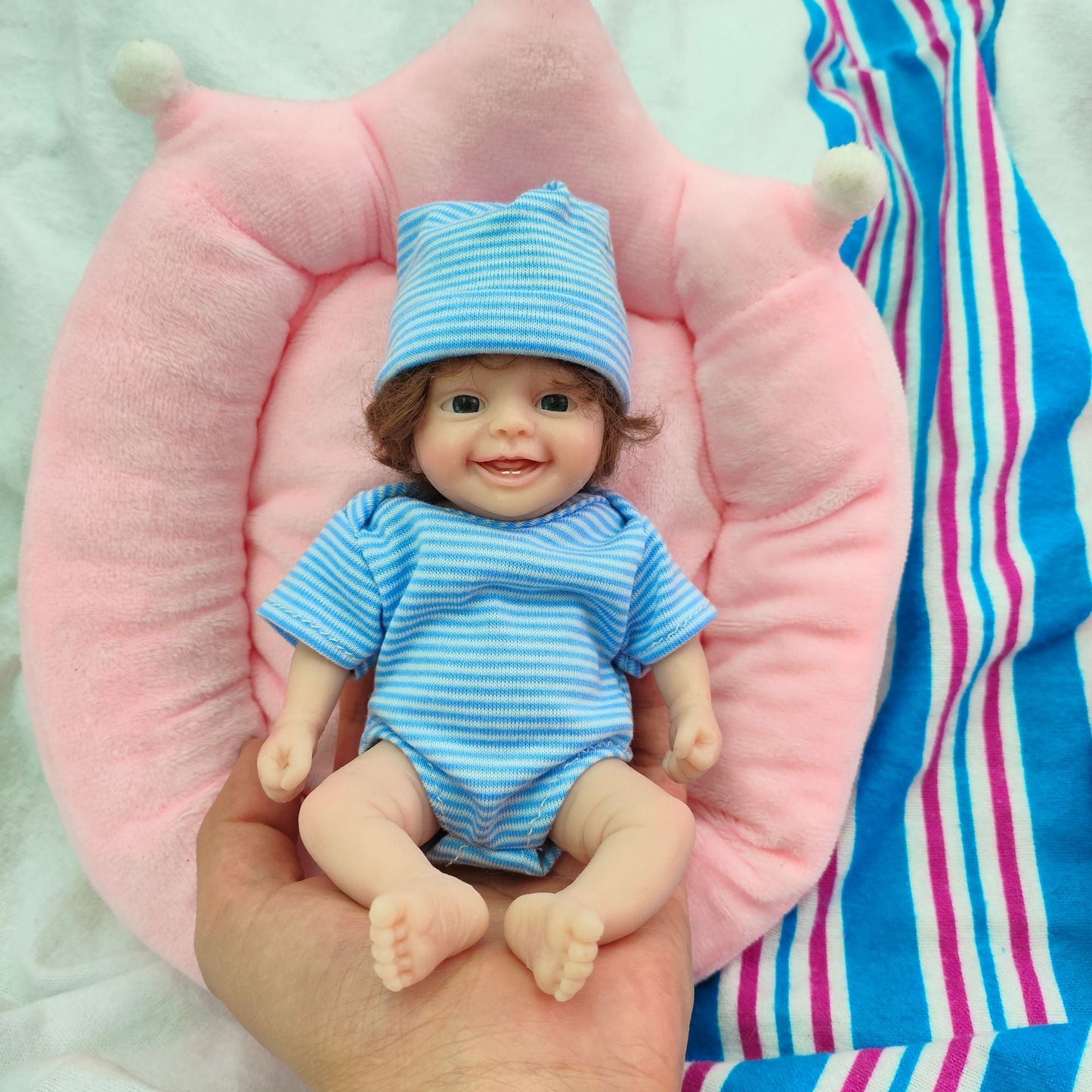 15cm Open Eyes Mini Full Silicone Reborn Doll in Blue Clothes