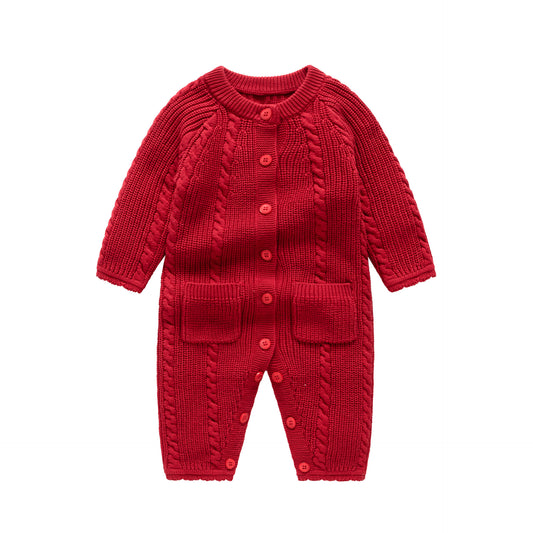 Autumn and winter warm wine red knitted jumpsuit