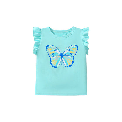 Short-sleeved cotton t-shirt for girls with cartoon butterfly