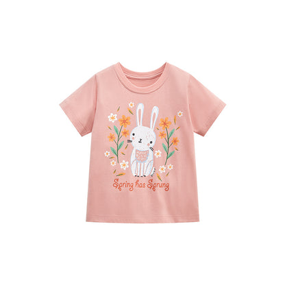 Girl's short-sleeved T-shirt with round neck and cute rabbit