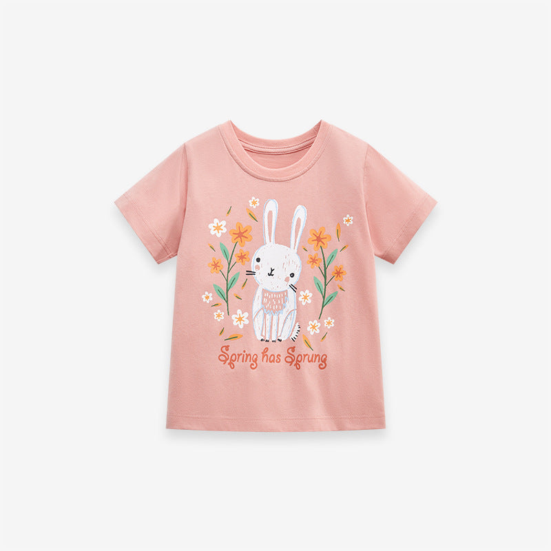 Girl's short-sleeved T-shirt with round neck and cute rabbit