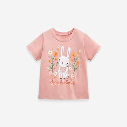 Girl's short-sleeved T-shirt with round neck and cute rabbit