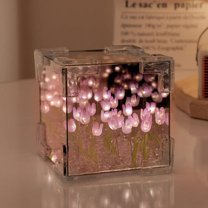 Creative 3D mirror night light with Rubik's cube and 20 tulips