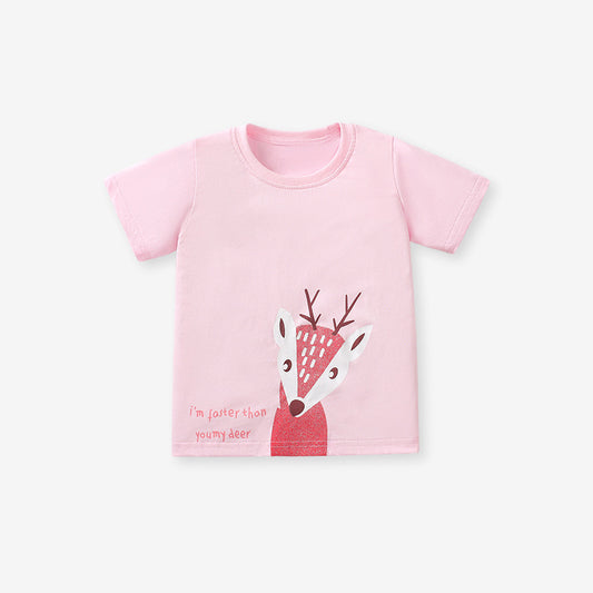 Girls short-sleeved round neck cotton t-shirt with cartoon deer